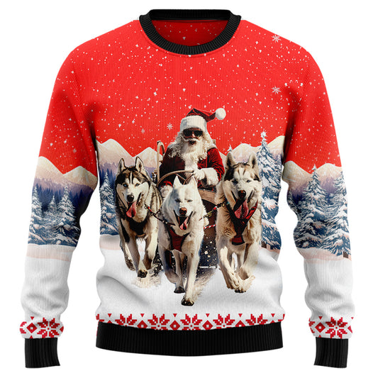 Festive Husky Sled Ugly Christmas Sweater