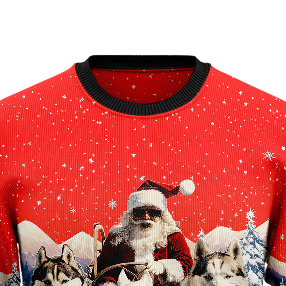 Festive Husky Sled Ugly Christmas Sweater