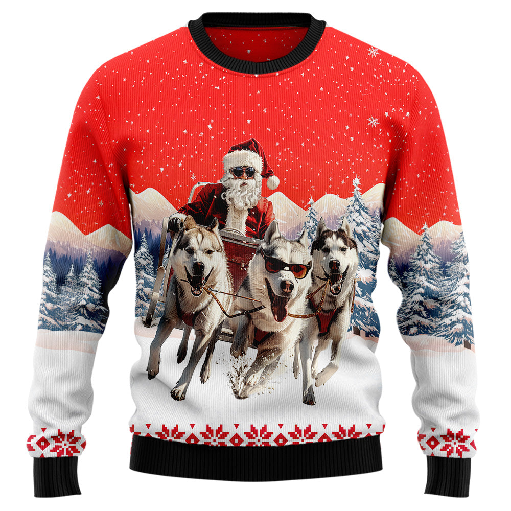 Santa Sled Husky Team Ugly Christmas Sweater