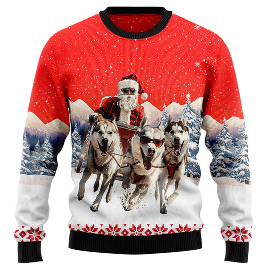 Santa Sled Husky Team Ugly Christmas Sweater