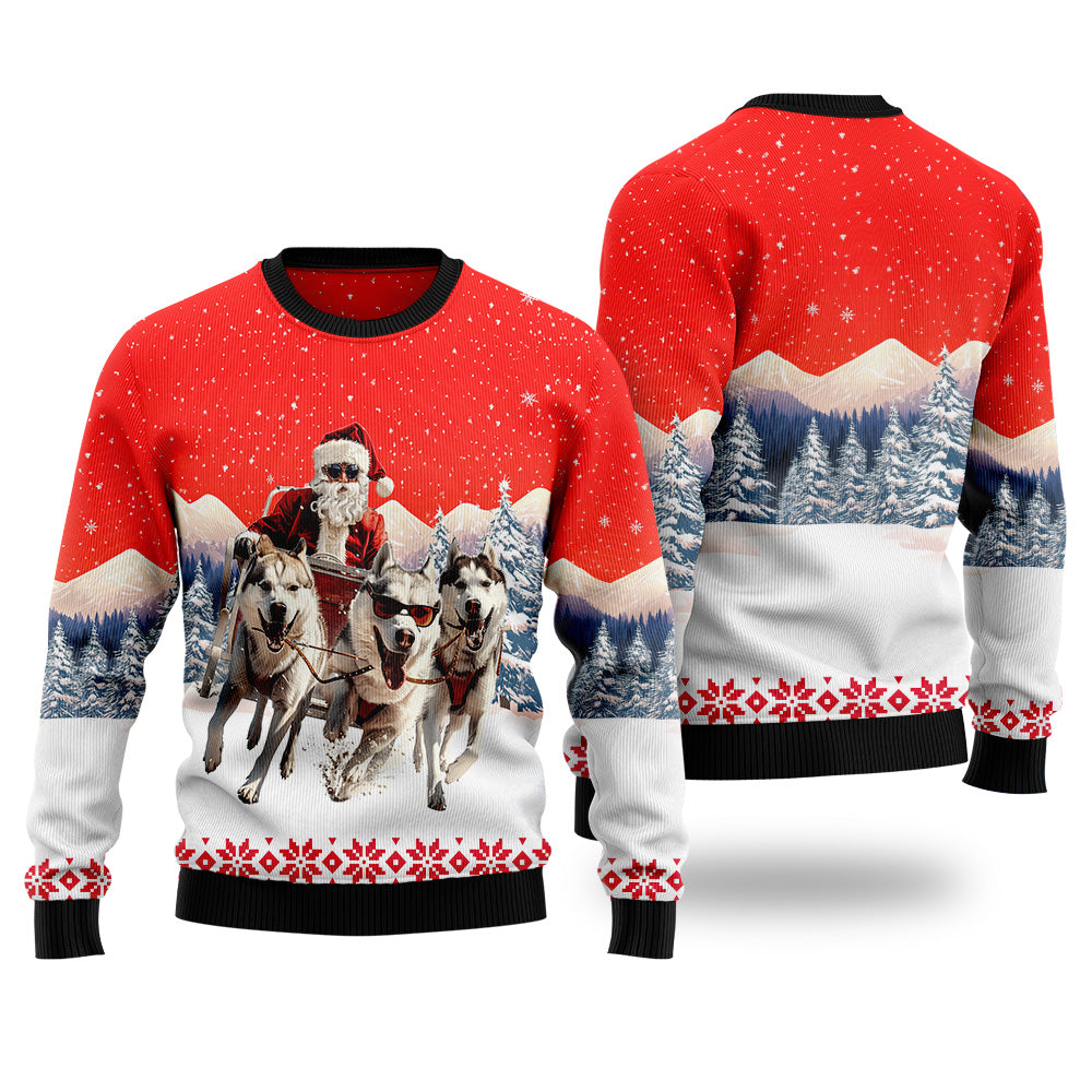 Santa Sled Husky Team Ugly Christmas Sweater