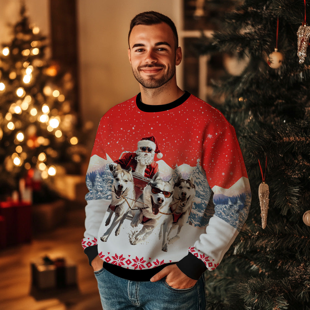 Santa Sled Husky Team Ugly Christmas Sweater