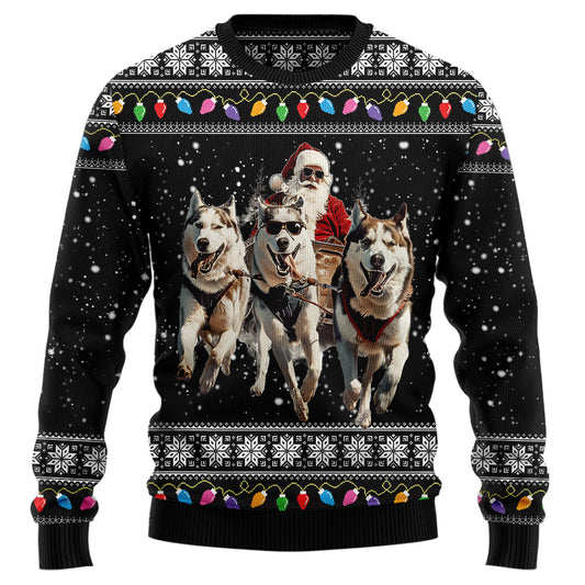 Santa Sleigh Siberian Husky Ugly Christmas Sweater