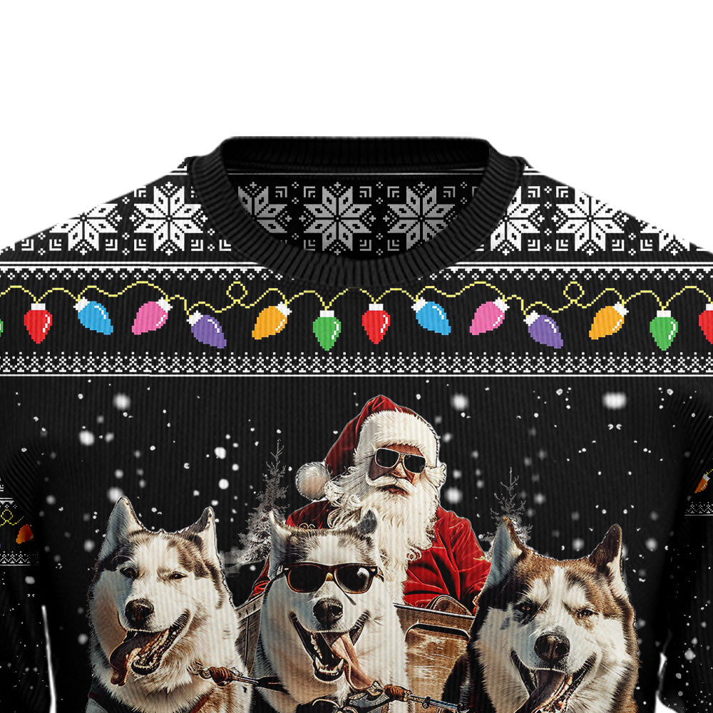 Santa Sleigh Siberian Husky Ugly Christmas Sweater