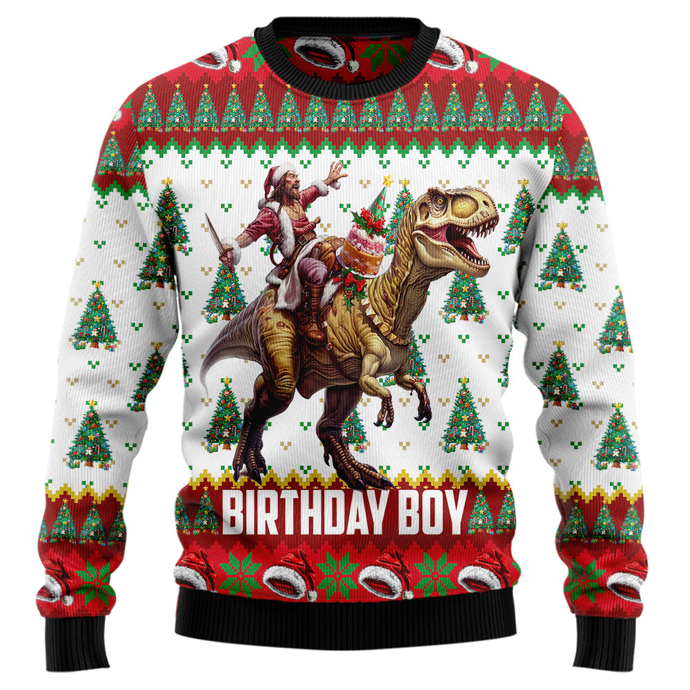 Jesus Riding T-Rex Birthday Boy Ugly Christmas Sweater