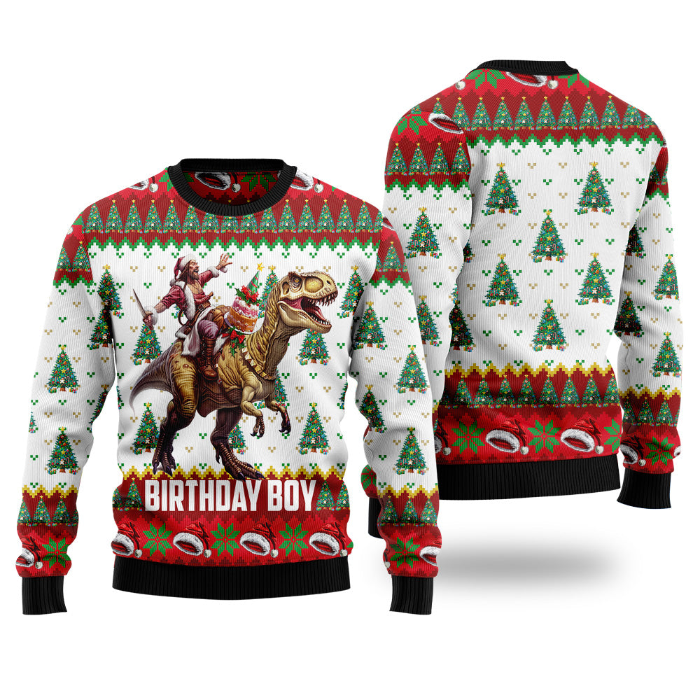 Jesus Riding T-Rex Birthday Boy Ugly Christmas Sweater