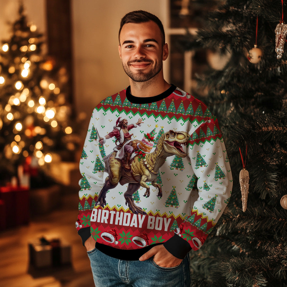 Jesus Riding T-Rex Birthday Boy Ugly Christmas Sweater