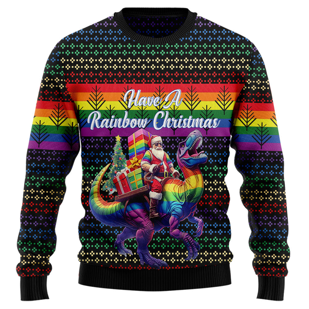 Have A Rainbow Christmas T-Rex Santa Ugly Christmas Sweater