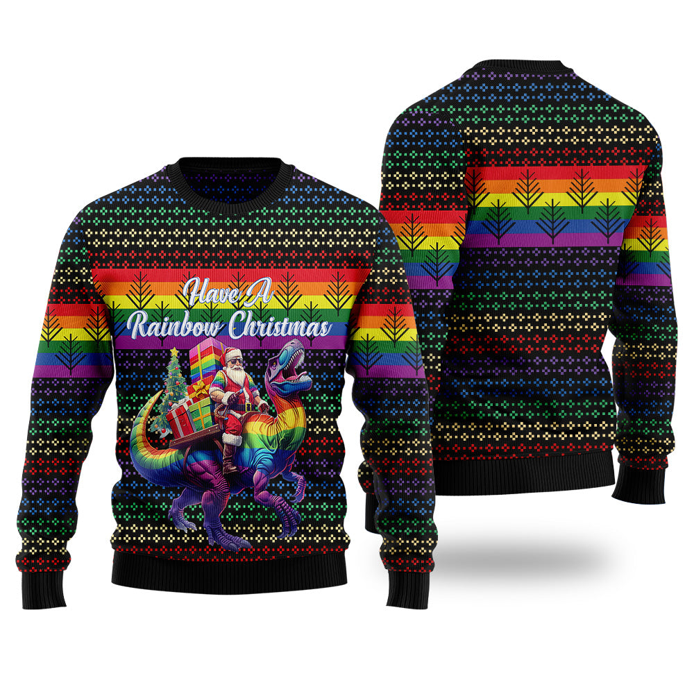Have A Rainbow Christmas T-Rex Santa Ugly Christmas Sweater