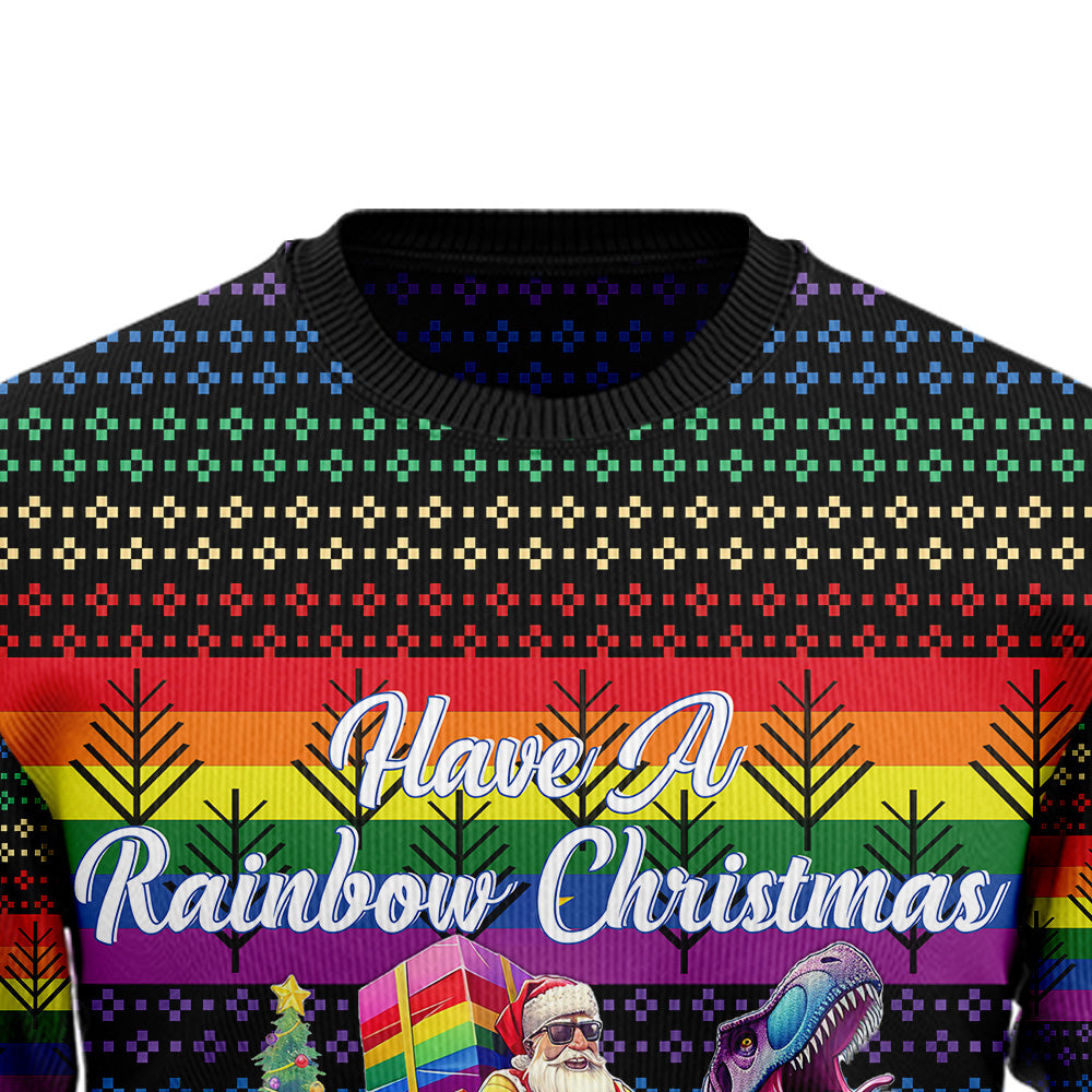 Have A Rainbow Christmas T-Rex Santa Ugly Christmas Sweater