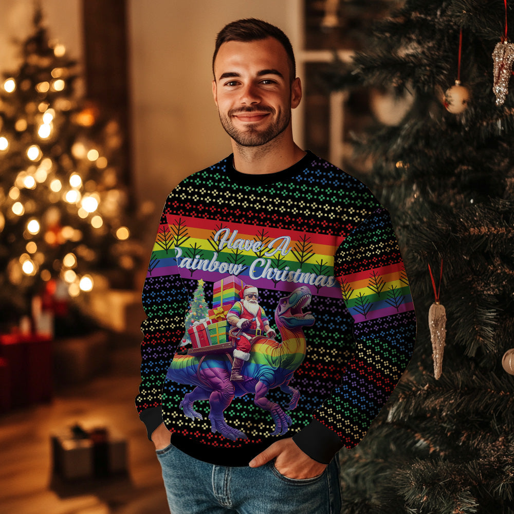 Have A Rainbow Christmas T-Rex Santa Ugly Christmas Sweater
