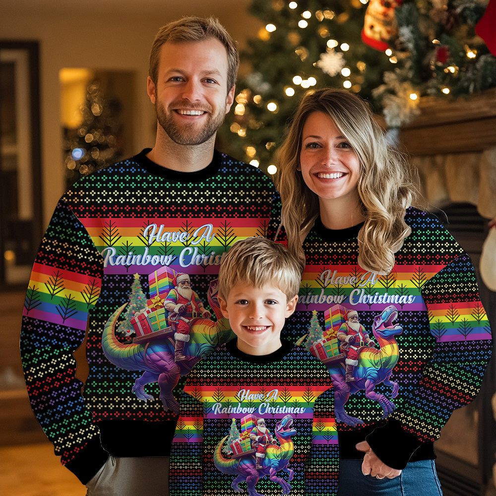 Have A Rainbow Christmas T-Rex Santa Ugly Christmas Sweater