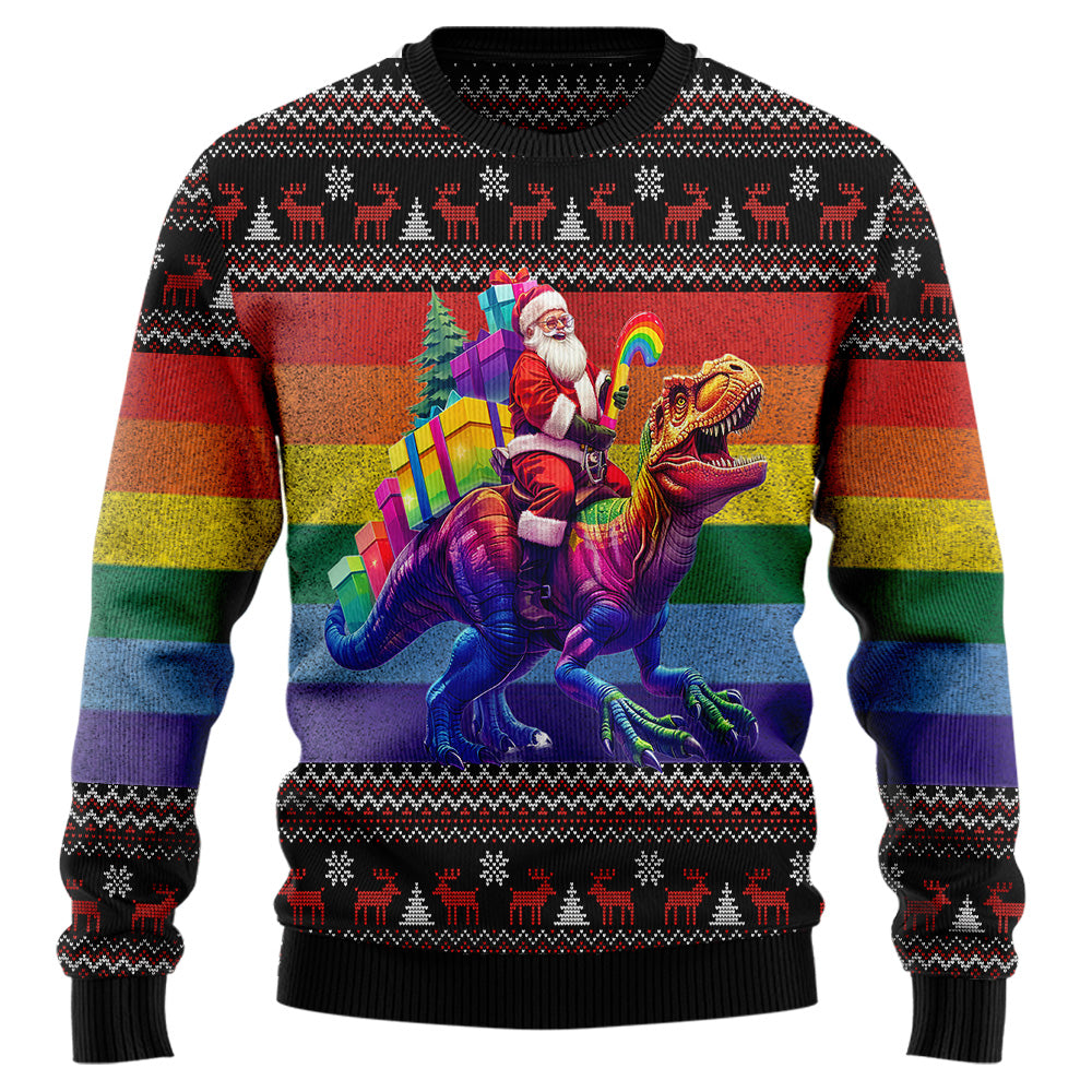 Rainbow Pride Santa Riding T-Rex Ugly Christmas Sweater