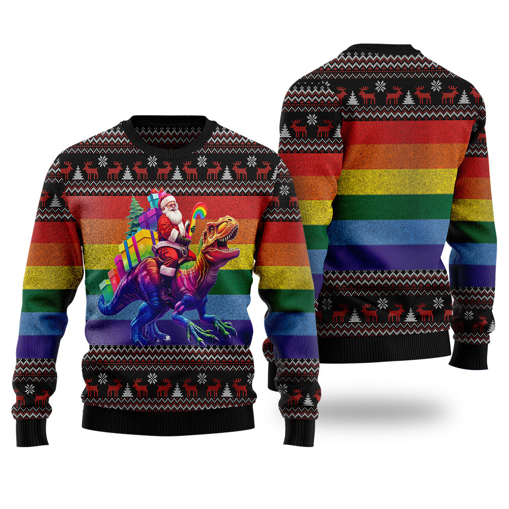 Rainbow Pride Santa Riding T-Rex Ugly Christmas Sweater