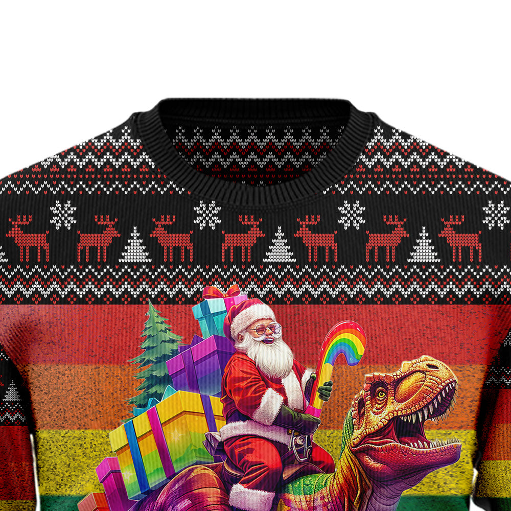 Rainbow Pride Santa Riding T-Rex Ugly Christmas Sweater