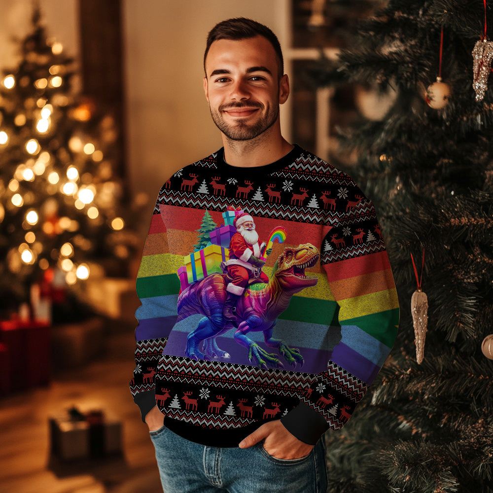 Rainbow Pride Santa Riding T-Rex Ugly Christmas Sweater