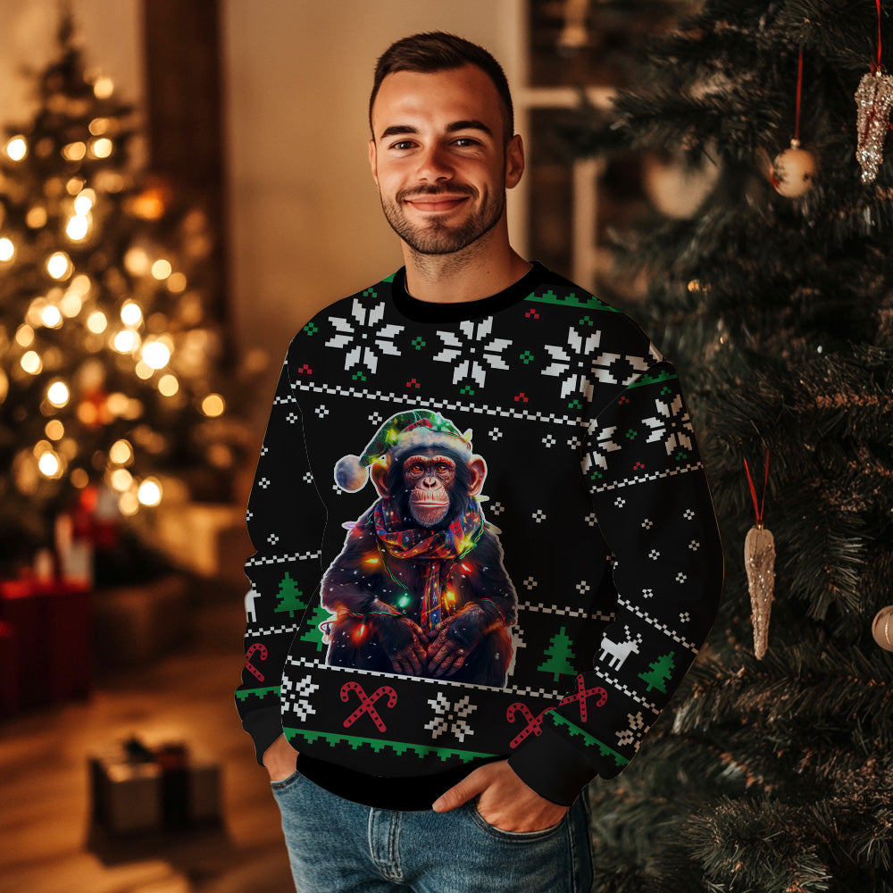 Festive Chimpanzee Santa Hat Ugly Christmas Sweater