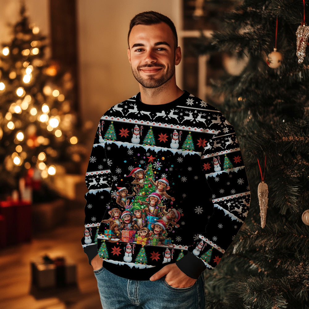 Festive Monkey Christmas Tree Ugly Christmas Sweater