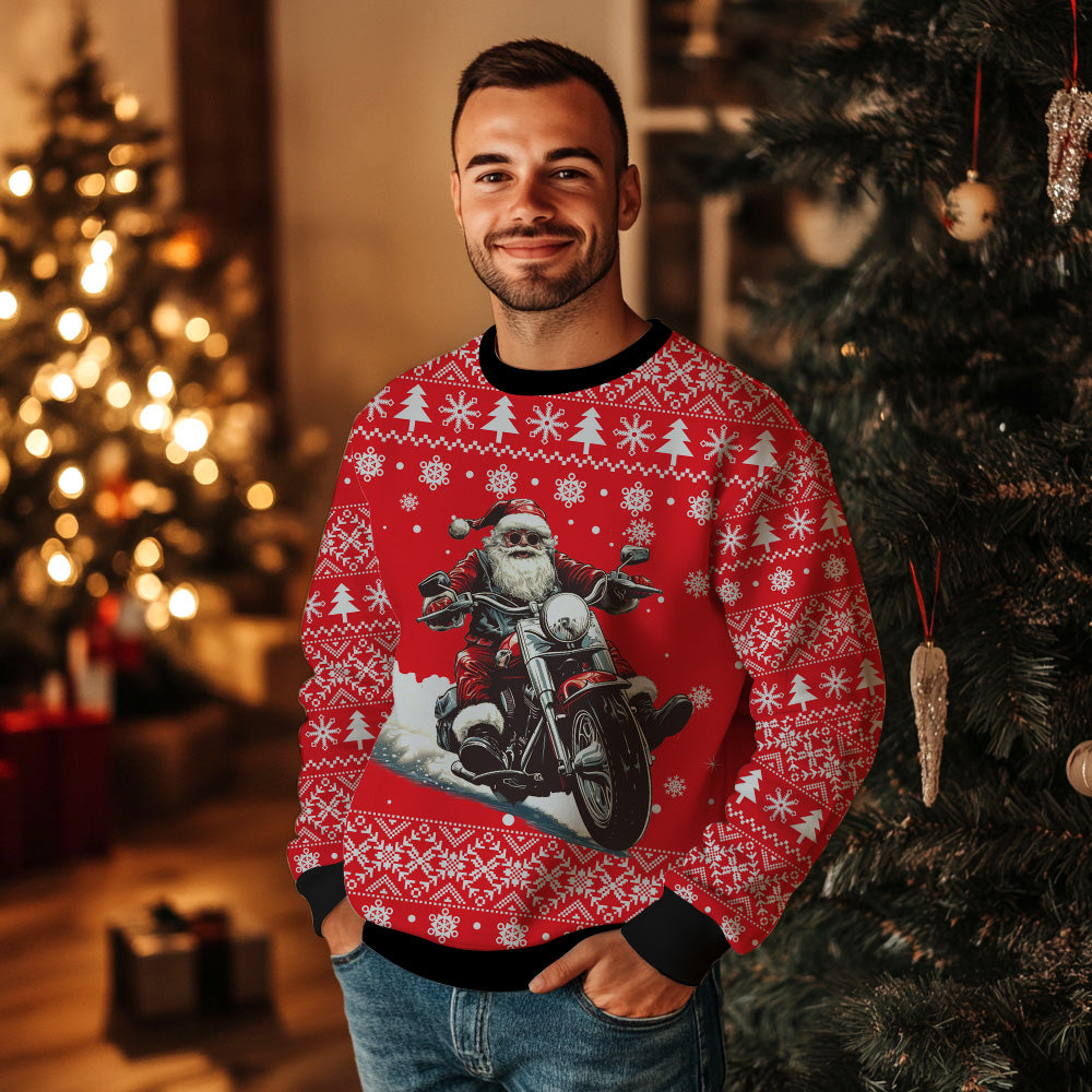 Santa Riding Motorcycle Ugly Christmas Sweater