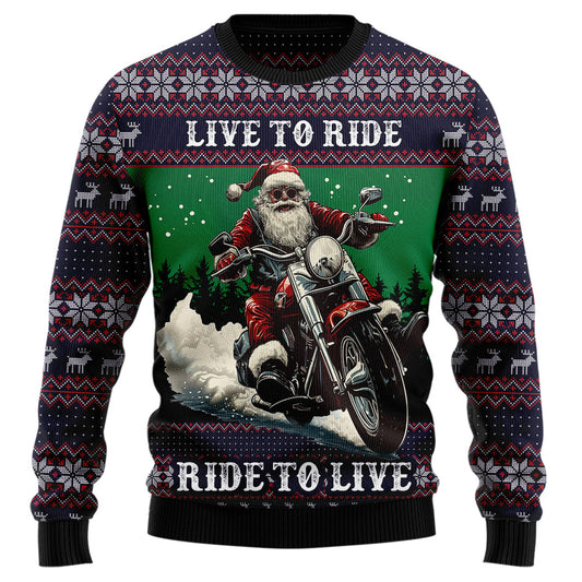 "Live to Ride, Ride to Live" Biker Santa Ugly Christmas Sweater