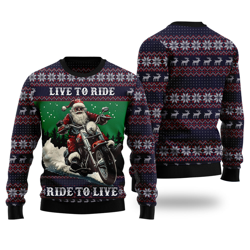 "Live to Ride, Ride to Live" Biker Santa Ugly Christmas Sweater