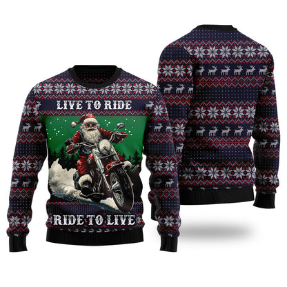 "Live to Ride, Ride to Live" Biker Santa Ugly Christmas Sweater