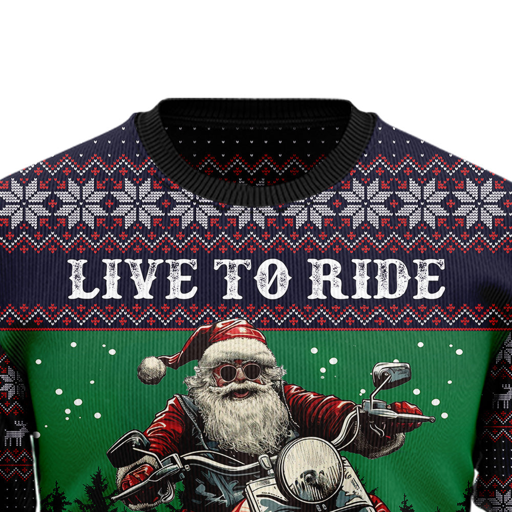 "Live to Ride, Ride to Live" Biker Santa Ugly Christmas Sweater