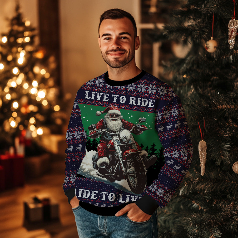 "Live to Ride, Ride to Live" Biker Santa Ugly Christmas Sweater