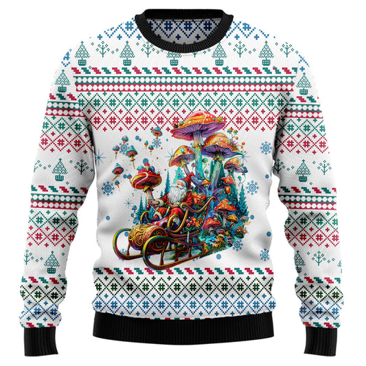 Trippy Psychedelic Mushroom Santa Sleigh Ugly Christmas Sweater