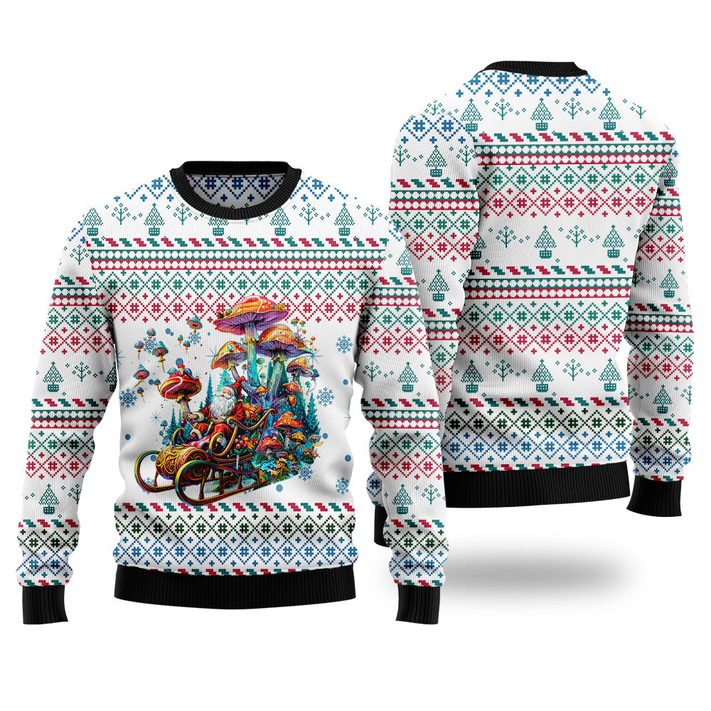Trippy Psychedelic Mushroom Santa Sleigh Ugly Christmas Sweater