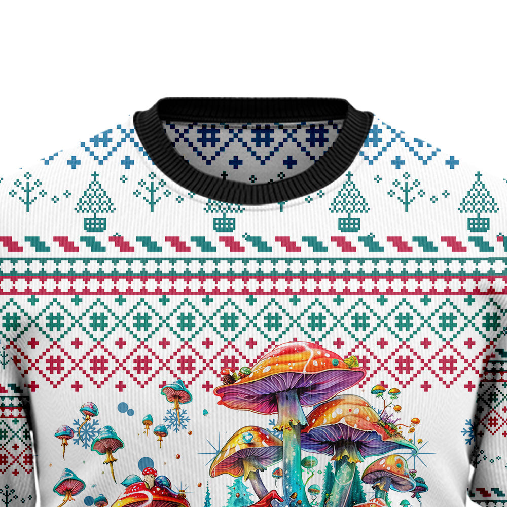 Trippy Psychedelic Mushroom Santa Sleigh Ugly Christmas Sweater