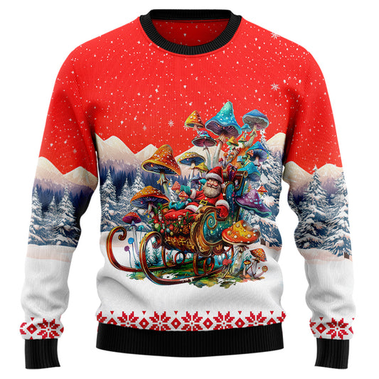 Trippy Mushroom Santa Sleigh Ugly Christmas Sweater