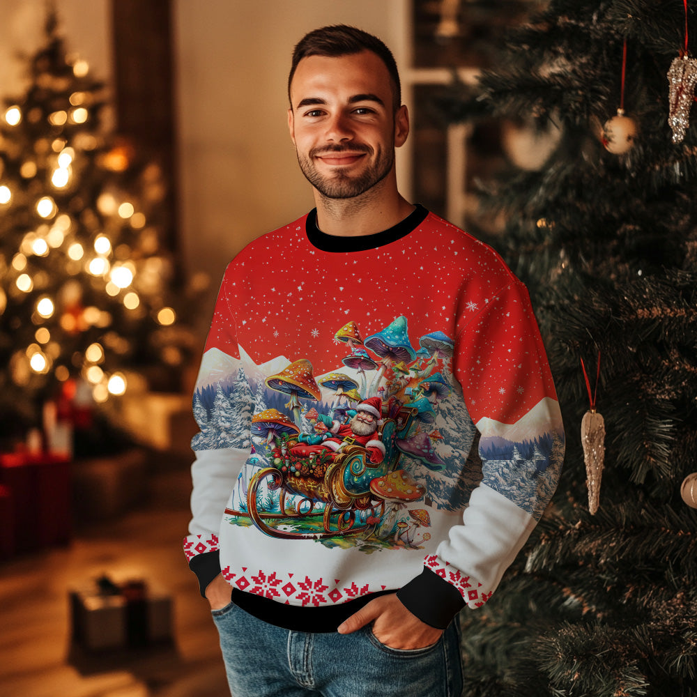 Trippy Mushroom Santa Sleigh Ugly Christmas Sweater