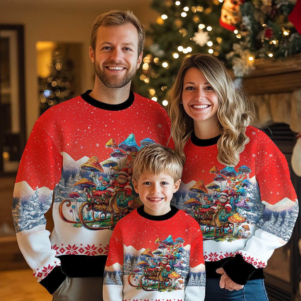 Trippy Mushroom Santa Sleigh Ugly Christmas Sweater