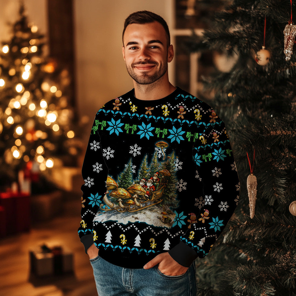 Santa Sleigh Mushroom Ugly Christmas Sweater