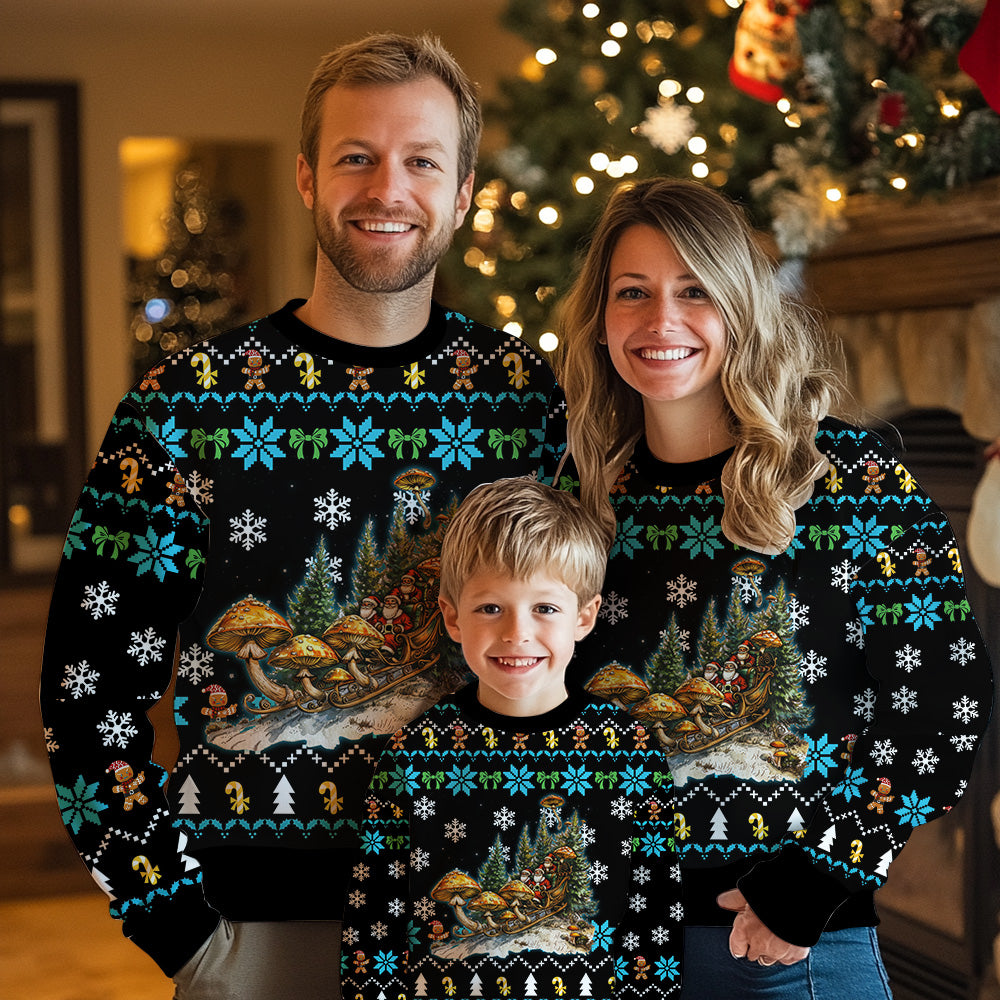 Santa Sleigh Mushroom Ugly Christmas Sweater