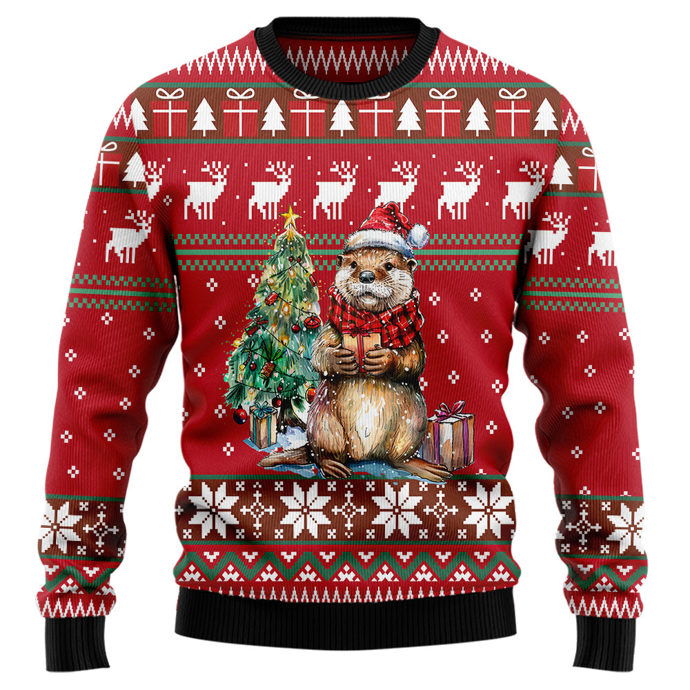 Festive Otter in Santa Hat Ugly Christmas Sweater