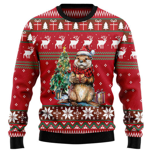 Festive Otter in Santa Hat Ugly Christmas Sweater