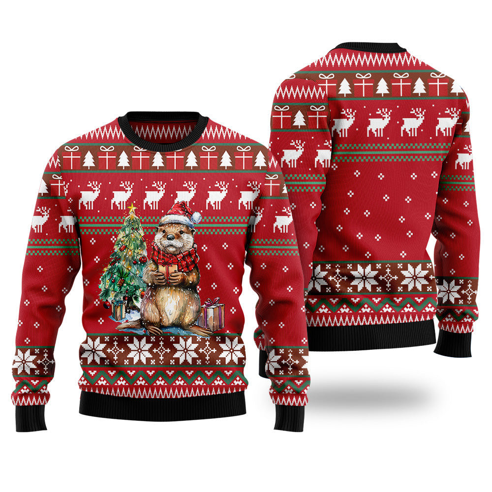 Festive Otter in Santa Hat Ugly Christmas Sweater