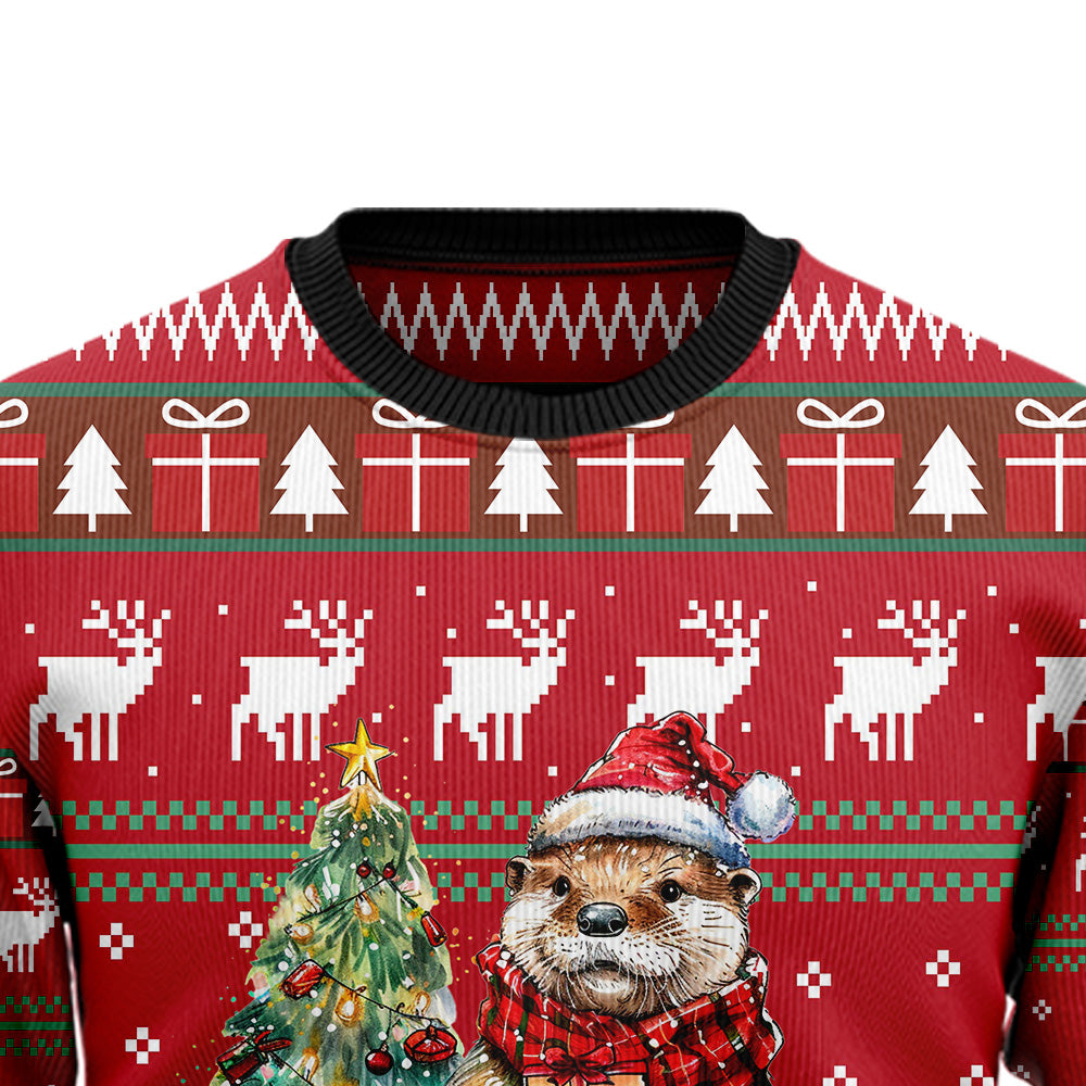 Festive Otter in Santa Hat Ugly Christmas Sweater