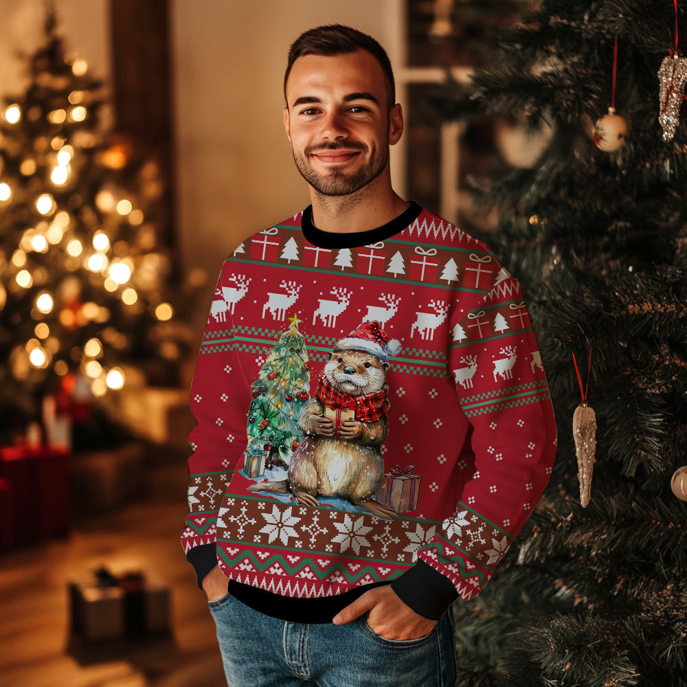 Festive Otter in Santa Hat Ugly Christmas Sweater