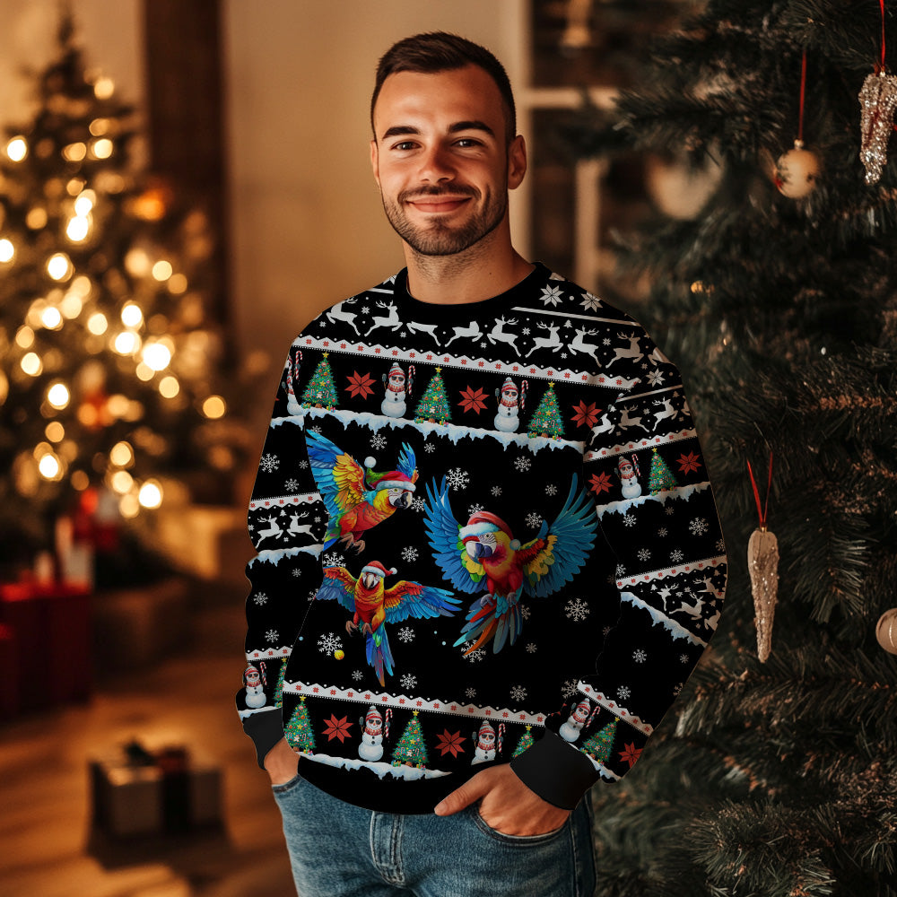 Festive Parrots in Santa Hats Ugly Christmas Sweater