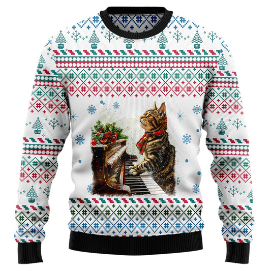Festive Cat Playing Piano Ugly Christmas Sweater