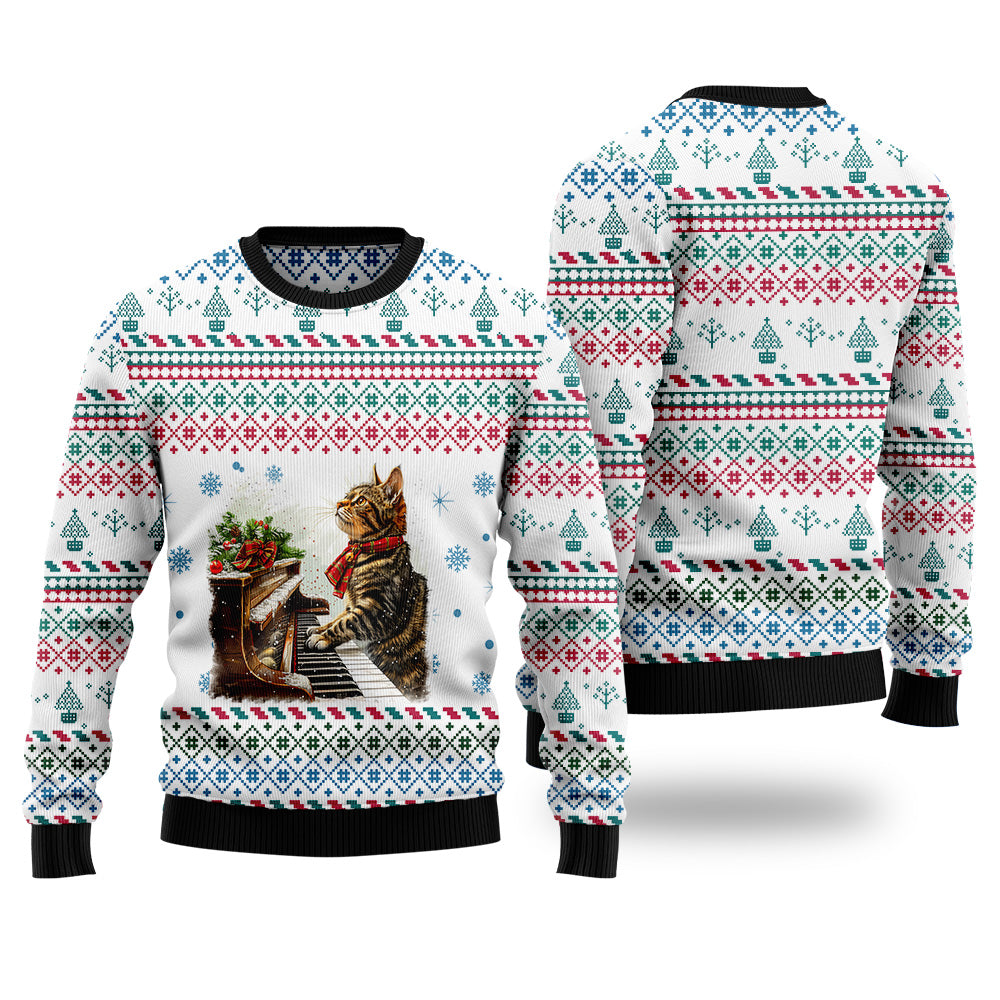 Festive Cat Playing Piano Ugly Christmas Sweater