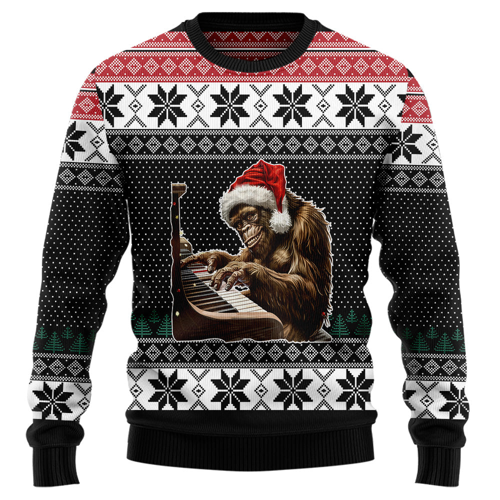 Festive Bigfoot Playing Piano Ugly Christmas Sweater