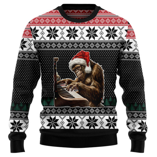 Festive Bigfoot Playing Piano Ugly Christmas Sweater