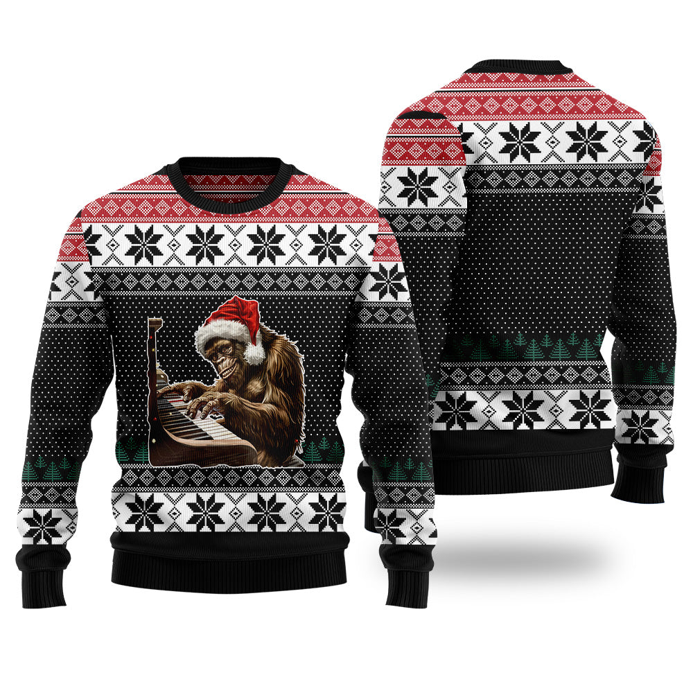 Festive Bigfoot Playing Piano Ugly Christmas Sweater