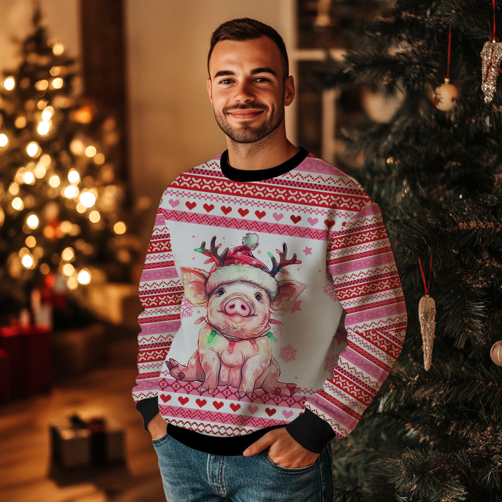 Festive Pig in Santa Hat Ugly Christmas Sweater