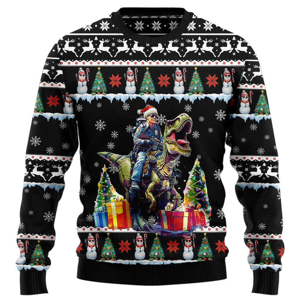 Police Officer Riding T-Rex Ugly Christmas Sweater
