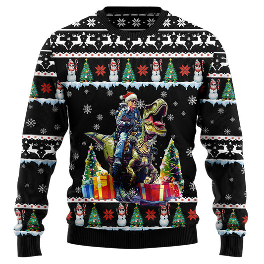 Police Officer Riding T-Rex Ugly Christmas Sweater